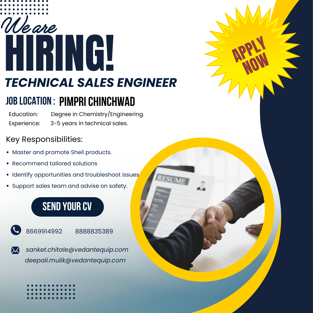 Technical Sales Engineer Technical Support Vedant Equip Sales Services P LTD